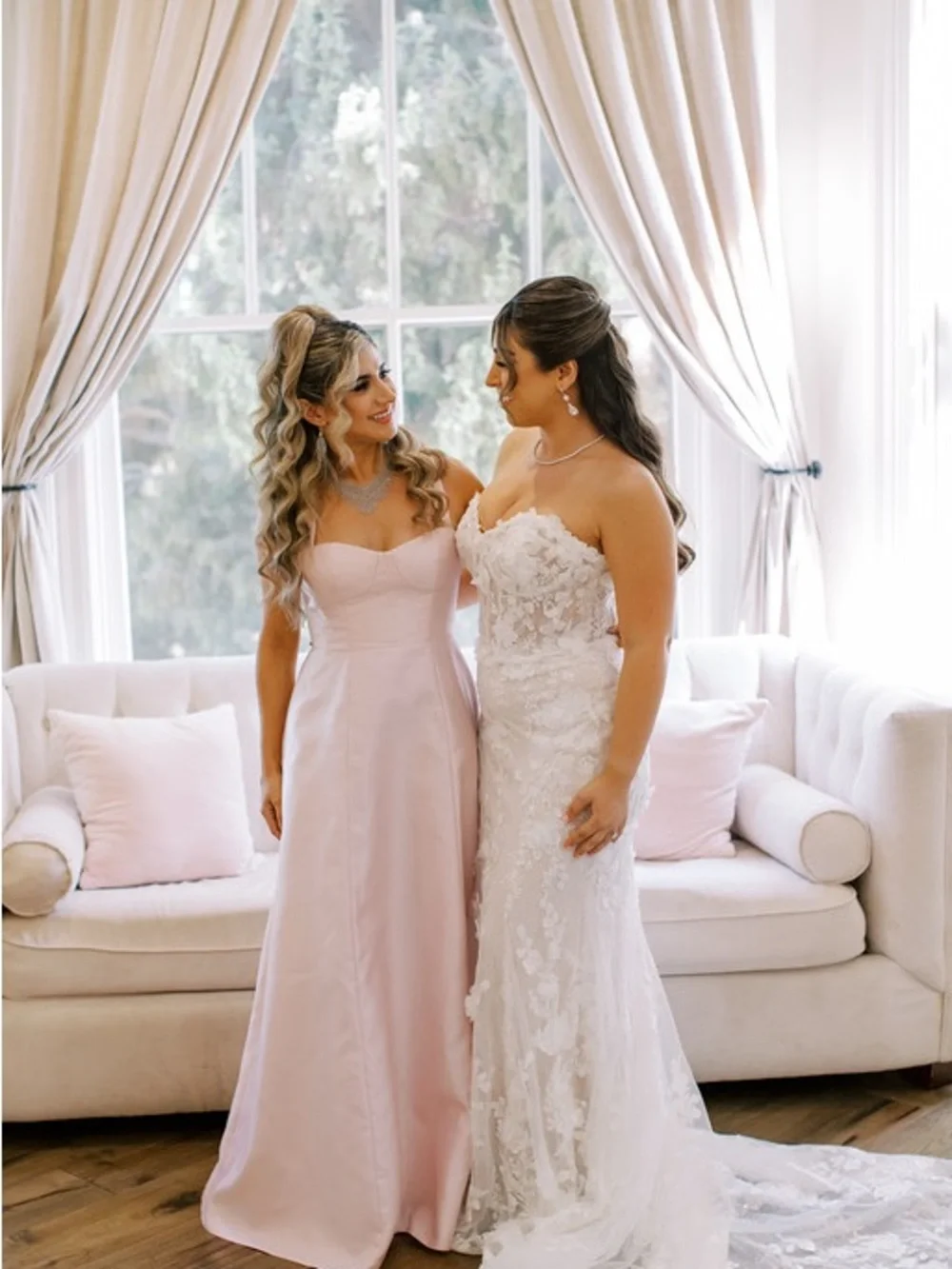 ALFRED SUNG Blush Pink Satin Sweetheart Neck A-Line Gown - Picture 3 of 6